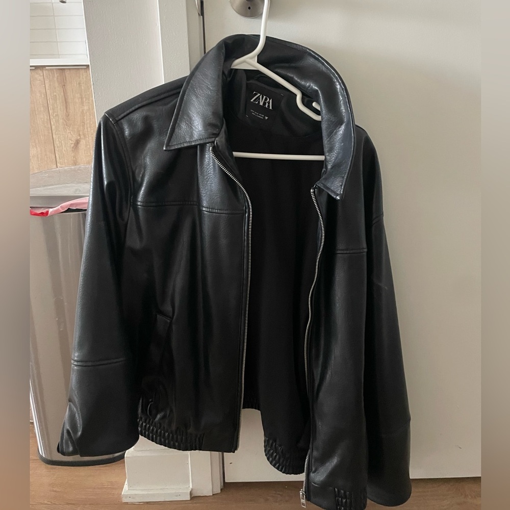 Zara Black Faux Leather Bomber Jacket